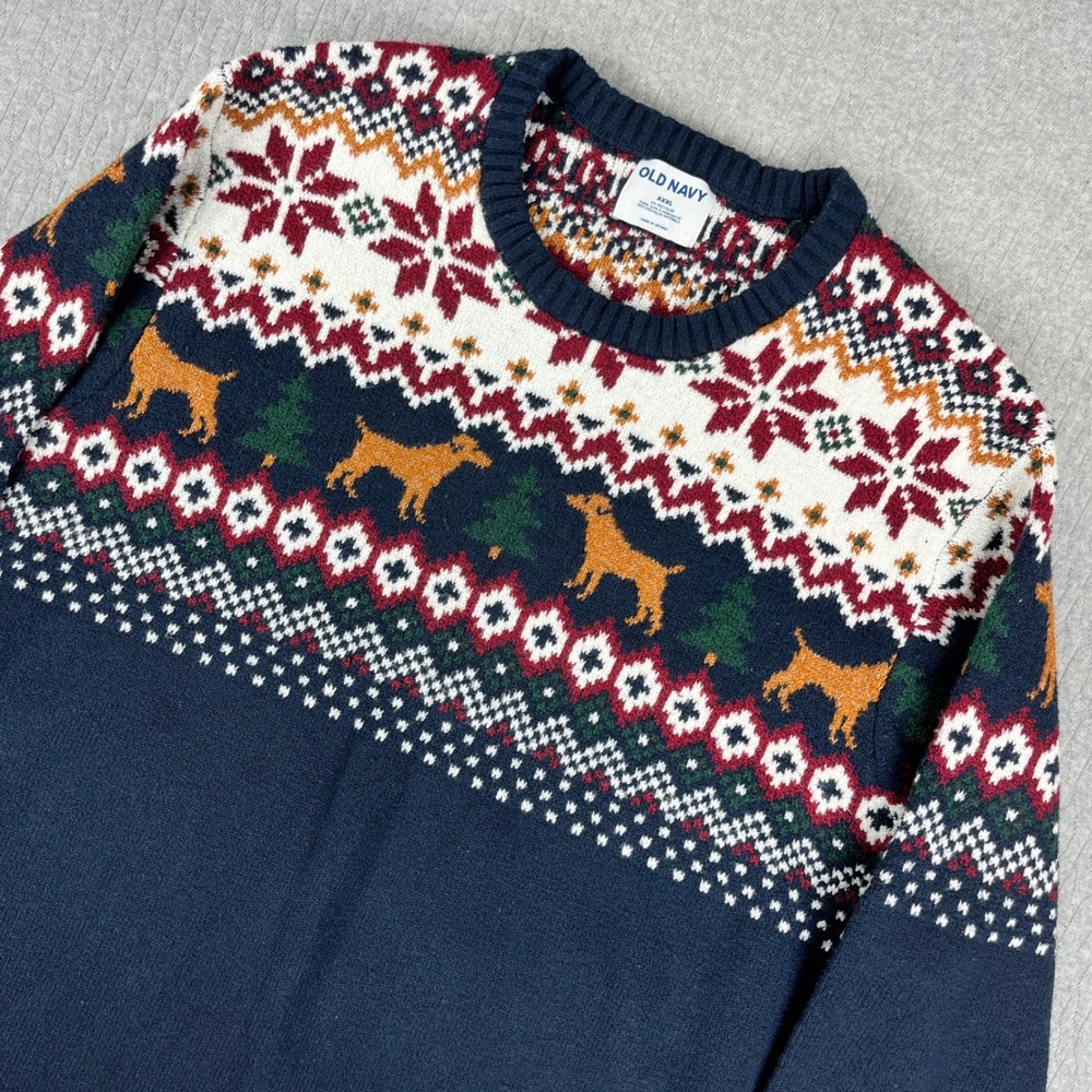 Vintage Old Navy Sweater XXXL Blue Fair Isle Dog Christmas Knit Pullover